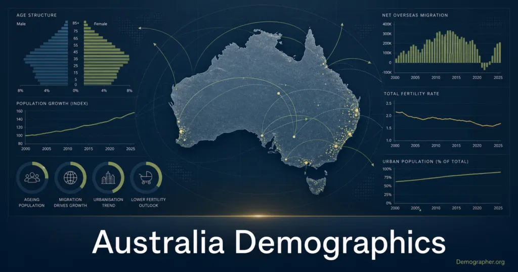 Australia demographics graph shows population growth, migration patterns, fertility rates, and urbanization trends across the country.