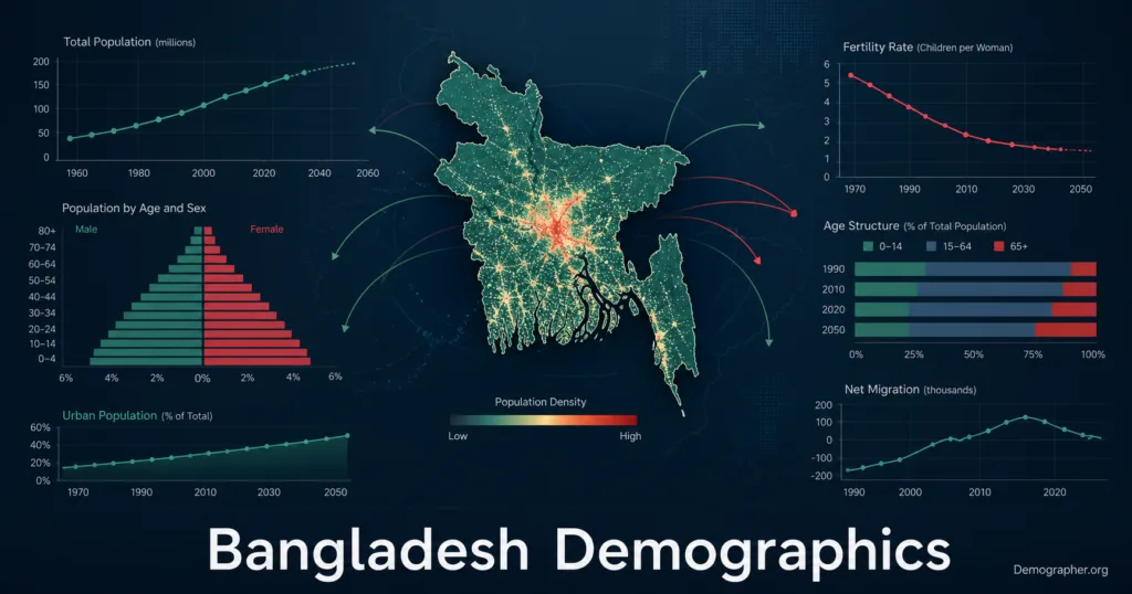 Bangladesh demographics map showing population density, age groups, and migration patterns across the country.