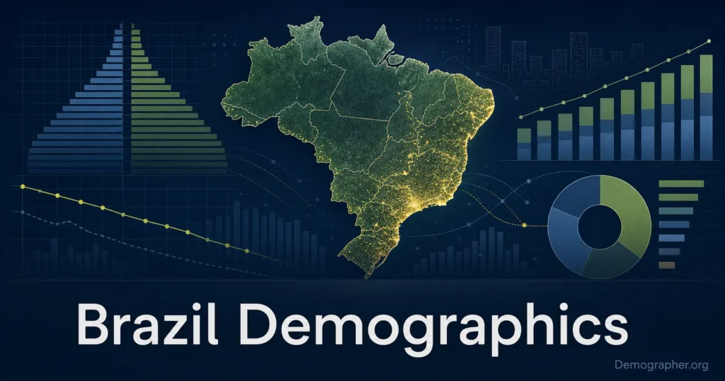 Brazil demographics visualizes population data, age distribution, urbanization, and fertility decline in an informative chart for analysis and insights.