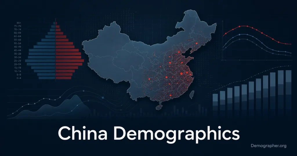 China demographics visualization showing population decline, aging trends, fertility rates, and urbanization patterns across the country.