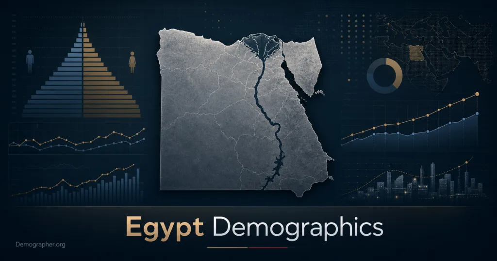 Egypt demographics infographic showing population growth, age distribution, fertility rates, and urbanization patterns across the country.