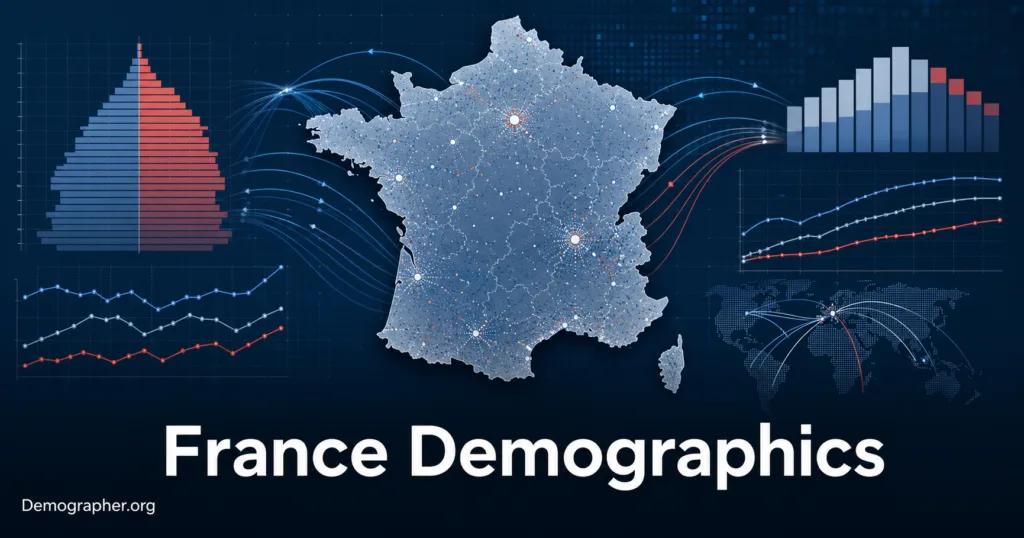 France demographics are analyzed through a detailed population graph showcasing age structure, fertility rates, and migration patterns.