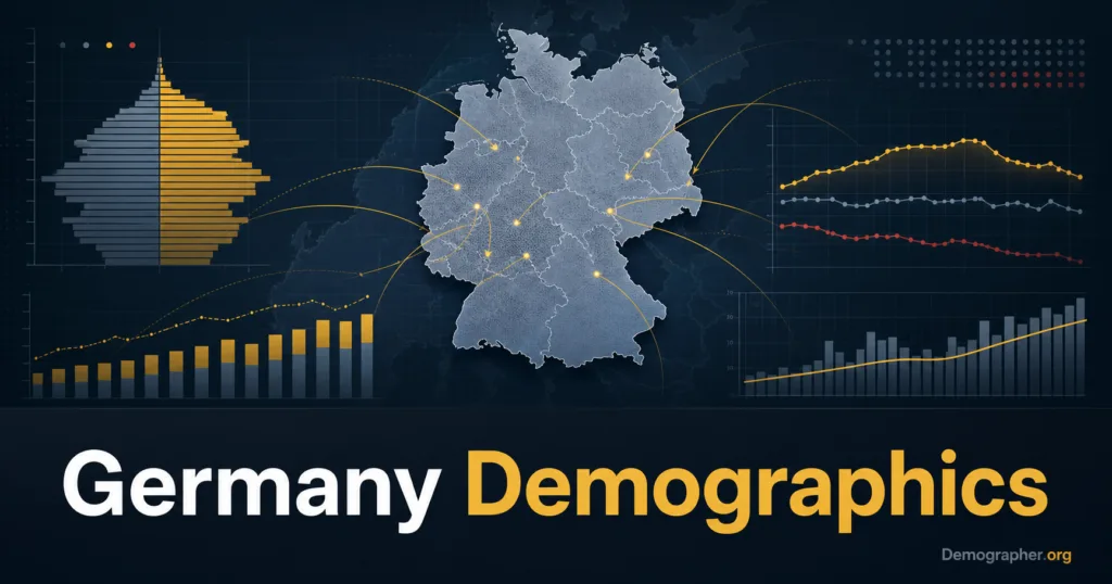 Germany demographics infographic shows population changes with age, migration, and fertility data reflected in a detailed map and analysis.