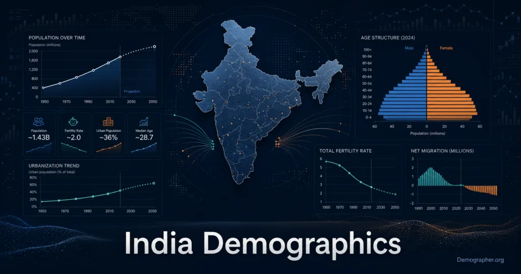 India demographics are analyzed through a detailed map and data visualizations showing population growth, age structure, fertility, and urbanization patterns.