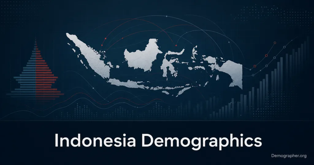 Indonesia demographics are shown through a detailed population analysis, including age structure, growth, and urbanization patterns.