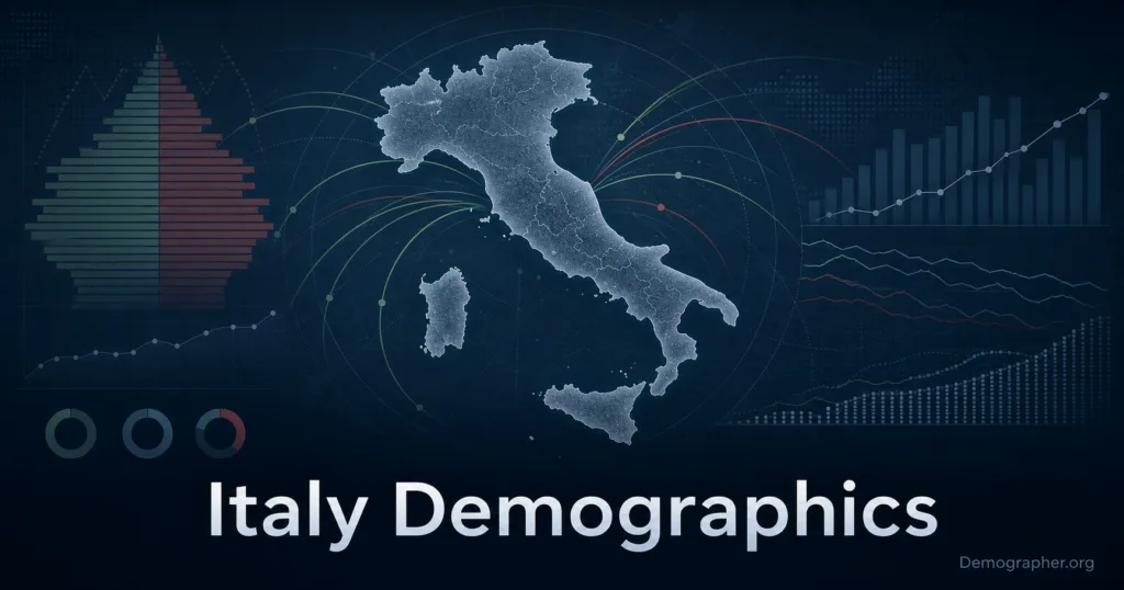 Italy demographics map showing aging population, low fertility, and migration patterns affecting population change.