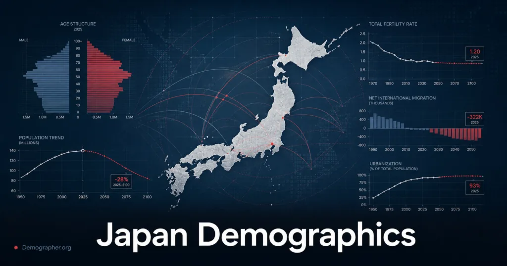 Japan demographics chart showing population decline, aging, and decreasing fertility rates reflected in the detailed analysis.