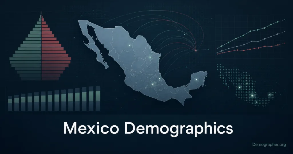 Mexico demographics are analyzed through a detailed graph showing population growth, fertility rates, migration patterns, and age structure.