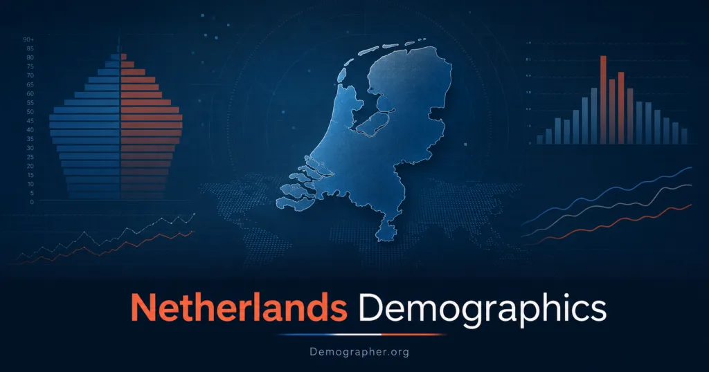 The image illustrates various aspects of Netherlands demographics, including population growth, migration, fertility, and age distribution through charts and d…