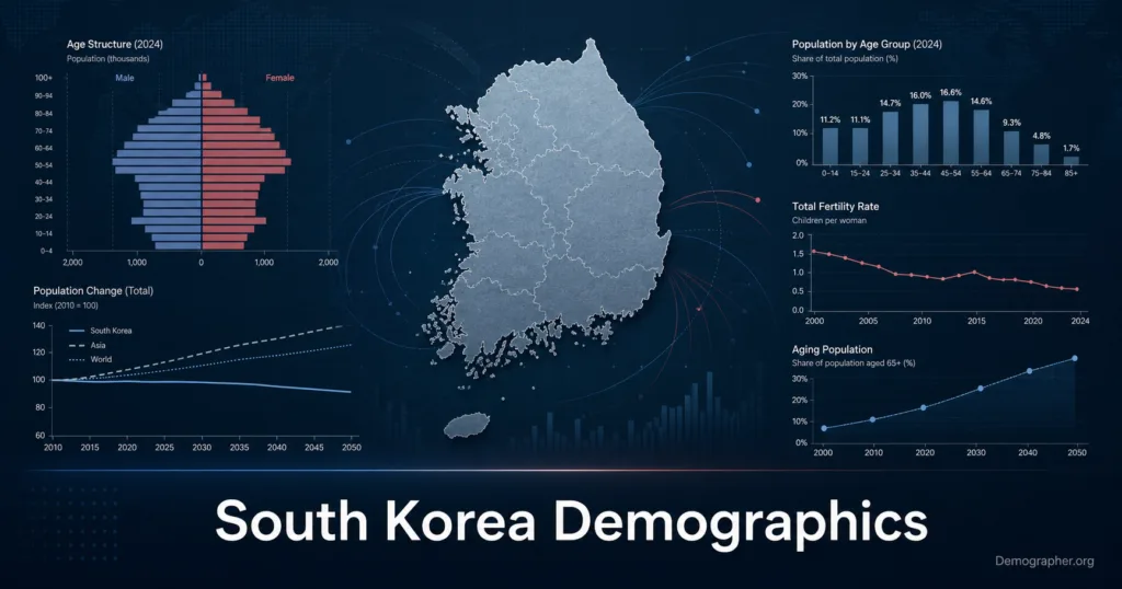 South Korea demographics map showing low fertility, aging population, and migration patterns with detailed analysis of population change.