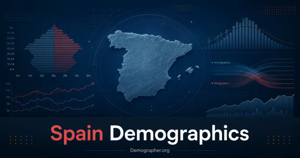 Spain demographics chart showing aging population, low fertility rates, migration patterns, and recent population trends.