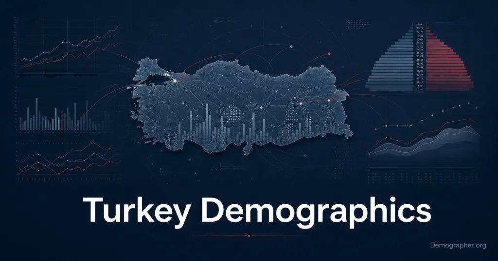 Turkey demographics infographic showing population growth, age distribution, fertility rates, and migration patterns across the country.