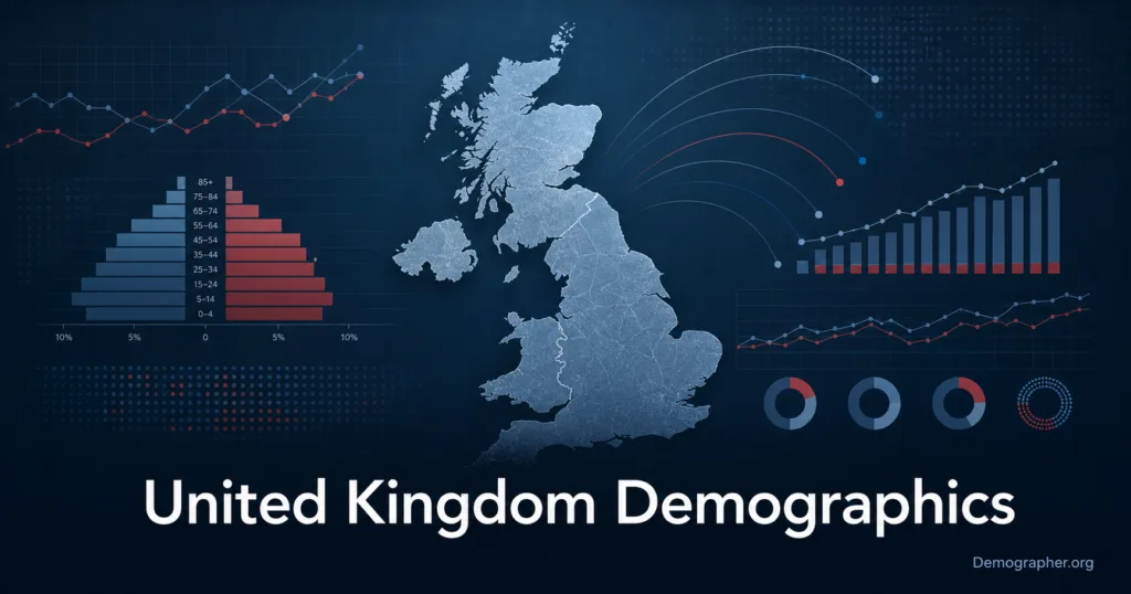 United Kingdom demographics map showing population growth, migration patterns, fertility rates, and age structure in a detailed analysis.