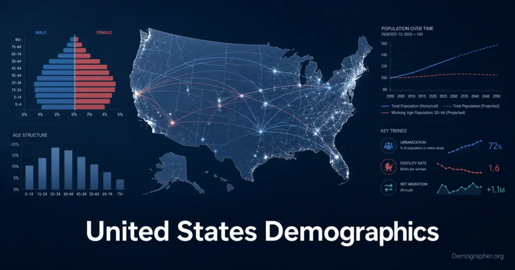 United States demographics infographic showing population growth, migration patterns, age groups, and fertility rates across the country.