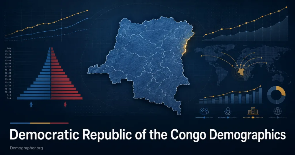 Democratic Republic of the Congo demographics showing population growth, age distribution, fertility rates, and urbanization patterns in a detailed graph.