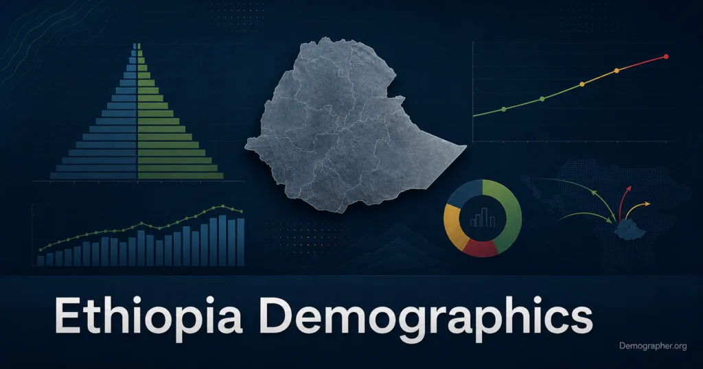 Ethiopia demographics are analyzed with graphs and charts showing population growth, age structure, fertility rates, and urbanization patterns.