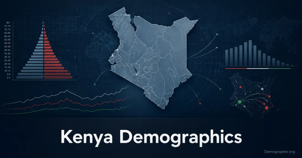 Kenya demographics infographic showing population growth, fertility decline, age structure, and urbanization patterns across the country.