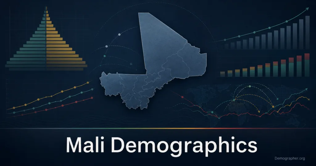 Mali demographics infographic showing population growth, age distribution, fertility rates, and urbanization patterns in the country.