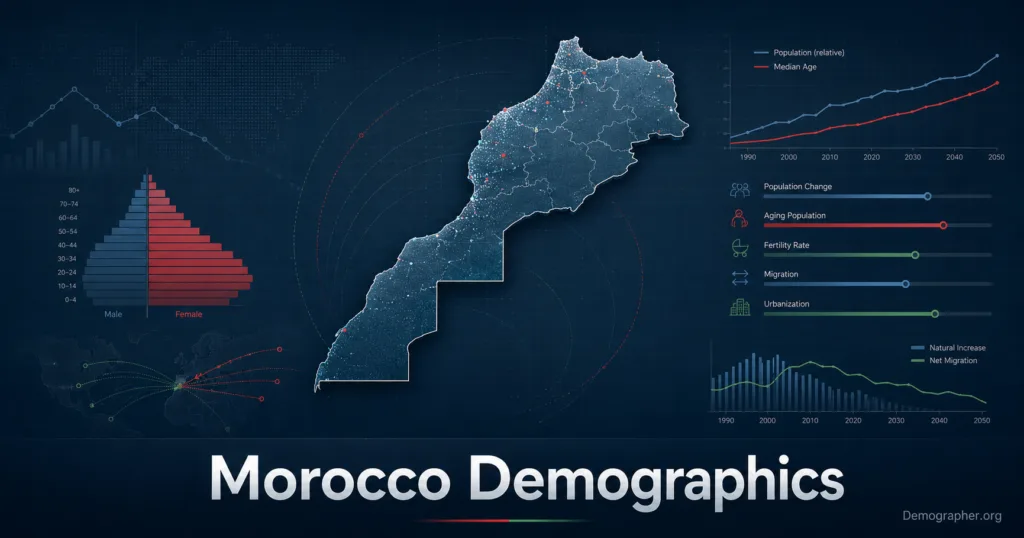 Morocco demographics showing population growth, urbanization, and migration patterns to understand demographic changes in Morocco.