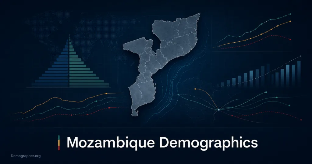 Mozambique demographics visualized through population growth, age structure, fertility rates, and urbanization data analysis.