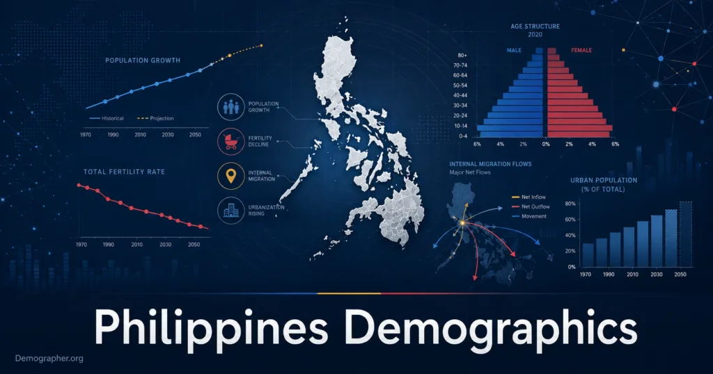 Philippines demographics infographic shows population growth, urbanization, and migration patterns shaping the country's demographic landscape.