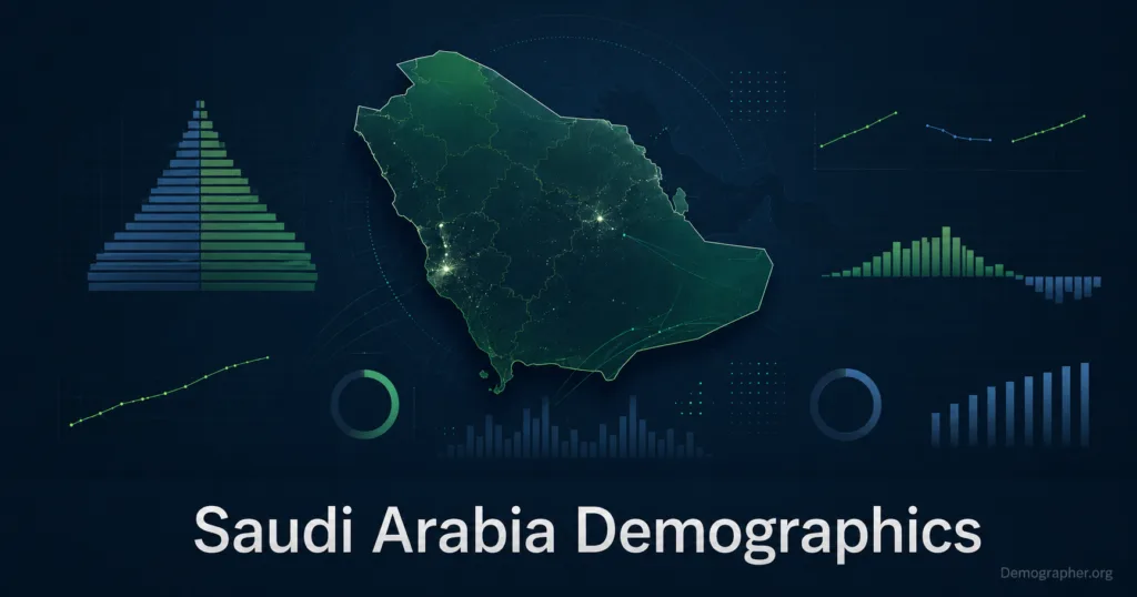 Saudi Arabia demographics infographic showing population growth, migration, fertility rates, and urbanization patterns across the country.