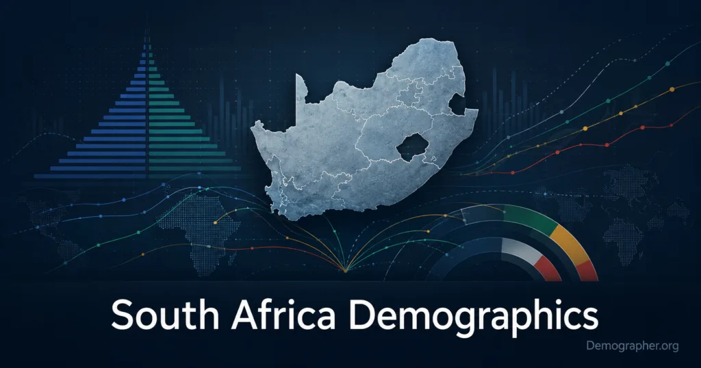 South Africa demographics are shown through a detailed population analysis, including age distribution, migration patterns, and fertility rates.