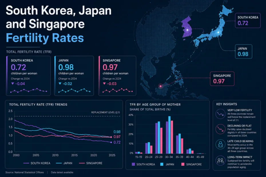 South Korea, Japan, and Singapore fertility rates in 2025 are shown through a detailed infographic with maps and graphs.