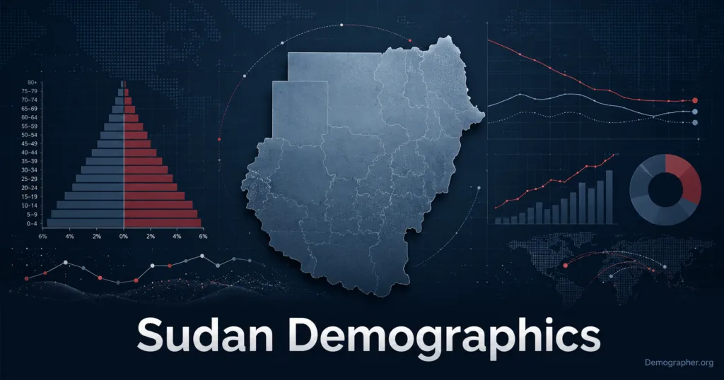 Sudan demographics map showing population change, migration patterns, fertility rates, and age structure for detailed analysis.