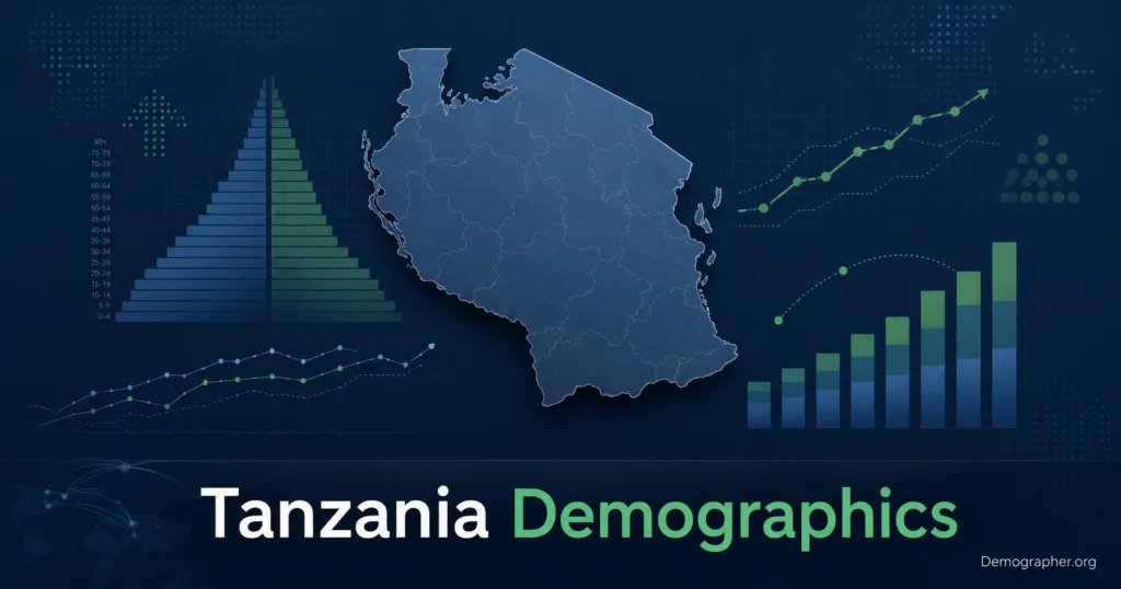 Tanzania demographics infographic showing population growth, age distribution, fertility rates, and urbanization patterns in the country.