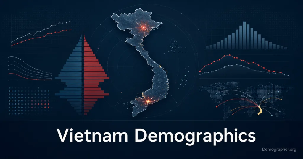 Vietnam demographics graph showing population growth, fertility decline, age structure, and urbanization trends.